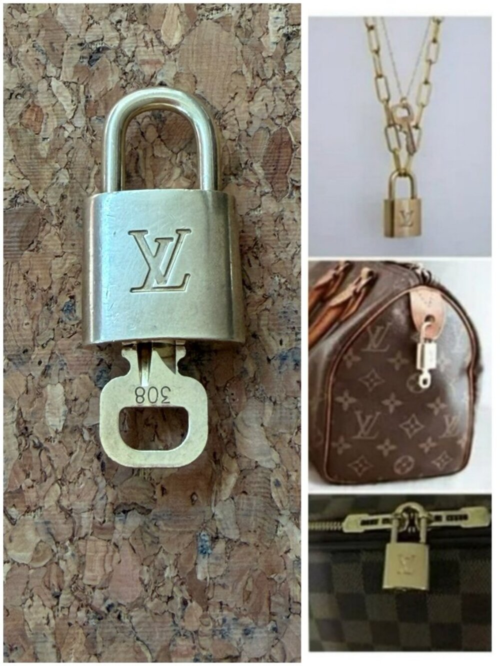 Louis Vuitton Gold Padlock & Key Necklace Pendant Bag Charm # 308